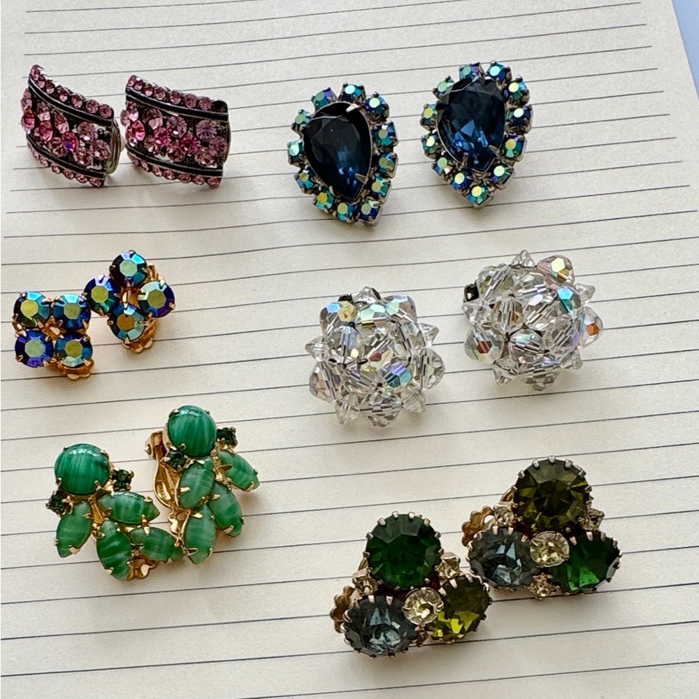 LOT of 6 Pairs of Vibrant Crystal and Gemstone clip-on Earring Collection